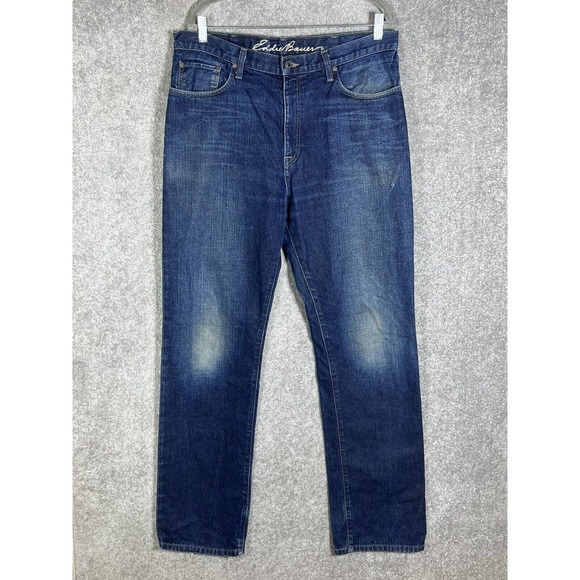 Eddie Bauer Relaxed Straight Leg Jeans Mens 36x36 36T‎ Distressed Blue Denim - Picture 1 of 16